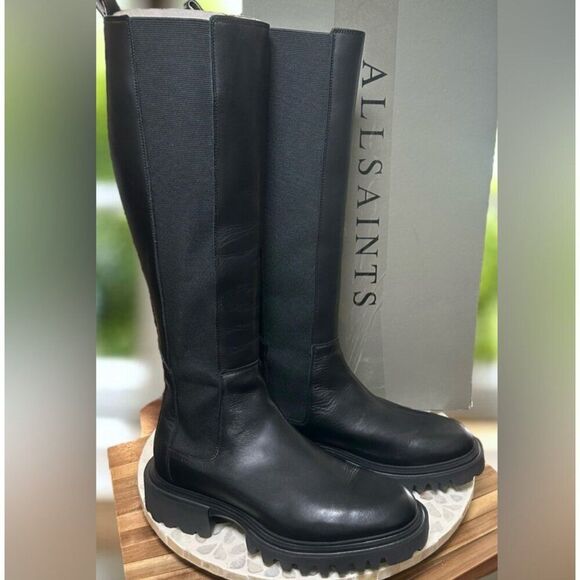 AllSaints Maeve Black Leather Knee High Boots Lug Sole Stretch Panel US 11 EU 41 - Picture 5 of 16